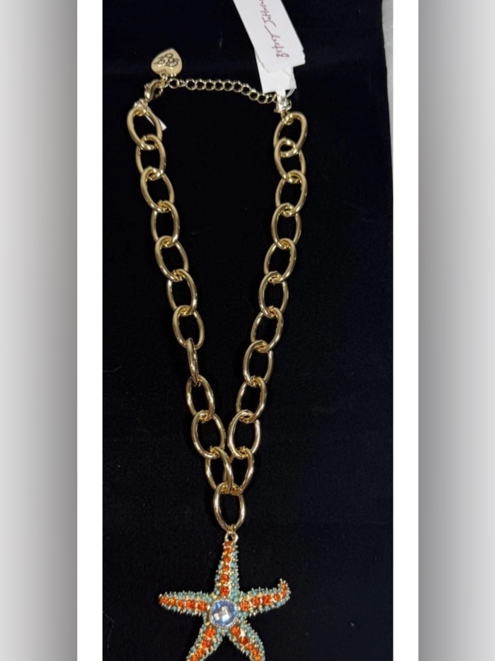 New Betsey Johnson Gold Tone Orange And Blue Starfish Pendant Necklace NIB